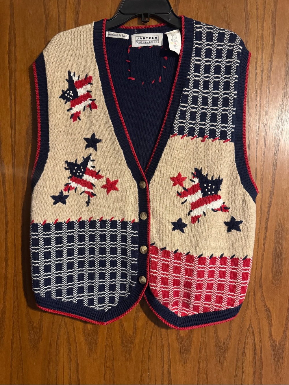Jantzen Patriotic Knit Cardigan Vest in Navy, Cream & Red